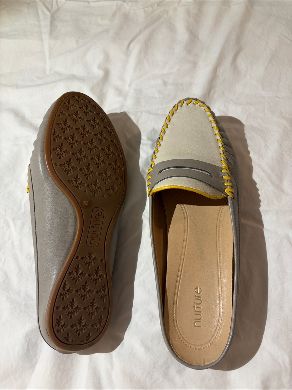 Nurture by Lamaze Gray and Cream Slip-On mules/loafers with Yellow Stitching